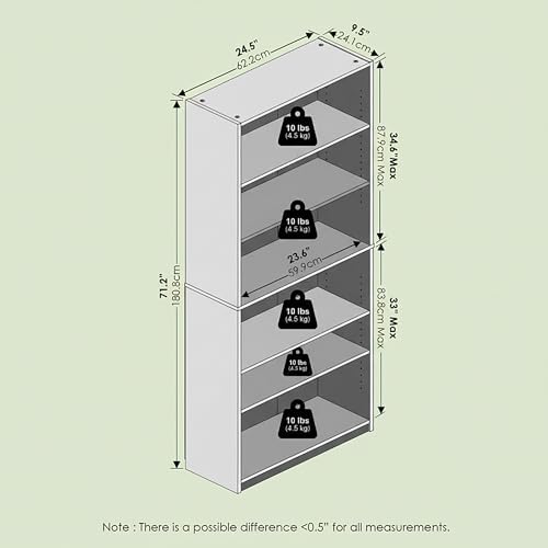 Frei Bookcases, Bookshelf, 71 Inch Tall 5 Tier Display Bookcase, with Adjustable Shelves, for Home Office, Living Room, 