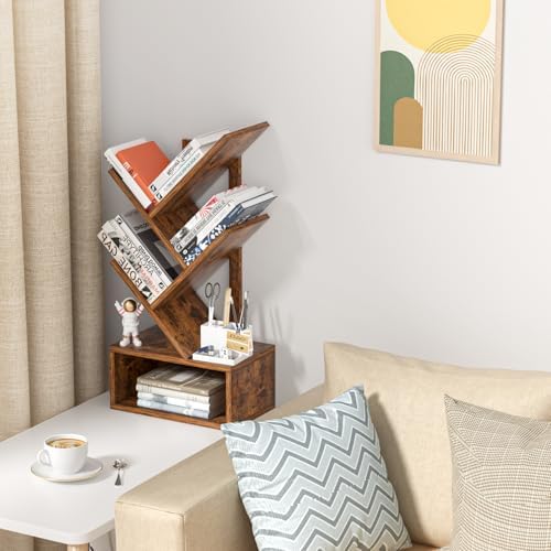SHEEPAM 5 Tier Tree Book Case, Small Bookshelf with Shelf