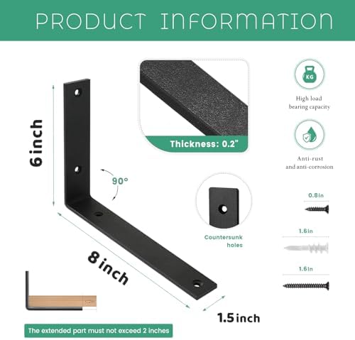 Shelf Brackets 8 Inch Wall L Brackets 8PCS Heavy Duty for Shelves Metal Black Rustic Industrial Brackets for DIY Opening