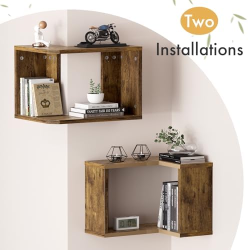 Floating Corner Shelf, 2-Tier Floating Shelf for Wall, Wood Floating Book Shelf for Living Room, Bedroom, Bathroom, Home