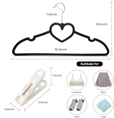 Plastic Hangers 30 Pack - Space Saving Slim Heart Hanger（Black）