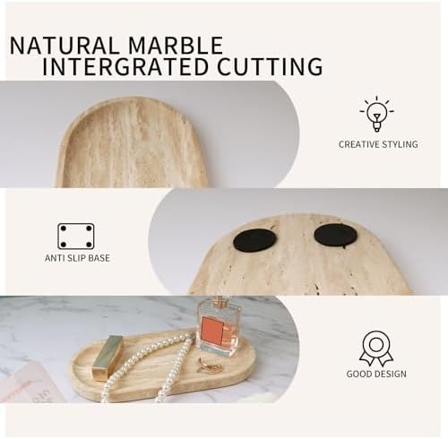 Travertine Vanity Tray for Bathroom Counter, 10"x5" Natural Marble Tray, Hand Polished, Perfume Organizer with Non-Slip 
