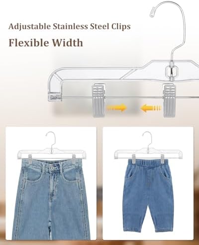 AMKUFO Pants-Hangers-with-Clips-15-Pack, 14 Inch Clear-Plastic-Skirts-Hangers-with-Adjustable-Clips for Shorts Jeans Trousers, Clothes-Hangers Non-Slip Clip-Hangers