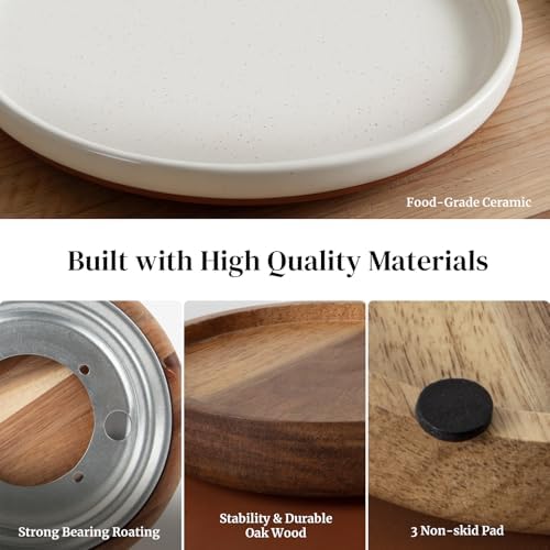 Ceramic Lazy Susan Turntable Organizer, 10.3 Inch Round Rotating Tray with Acacia Wood Base, White Speckled Glazed Spice