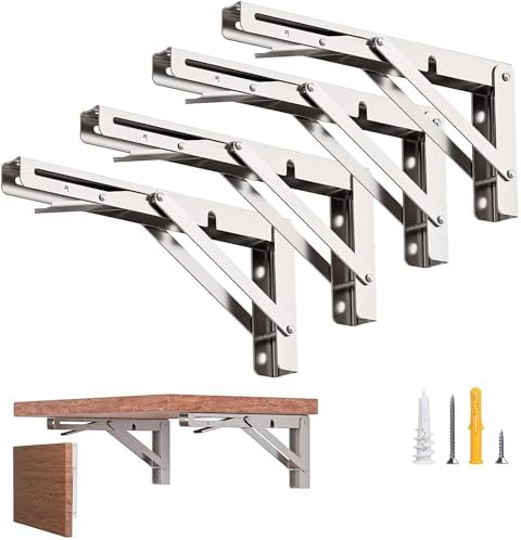 12-Inch Foldable Brackets for DIY Folding Shelves or Tables, L Shelf Brackets Collapsible, Heavy Duty Stainless Steel, M
