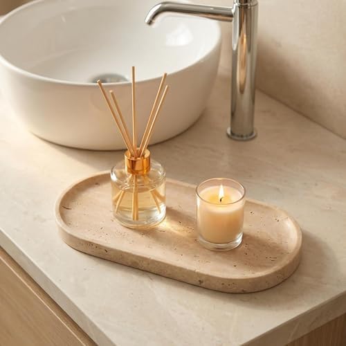 Beige Travertine Vanity Tray | Natural Stone Bathroom Organizer | Perfume & Jewelry Storage for Spa, Bedroom, Kitchen | 