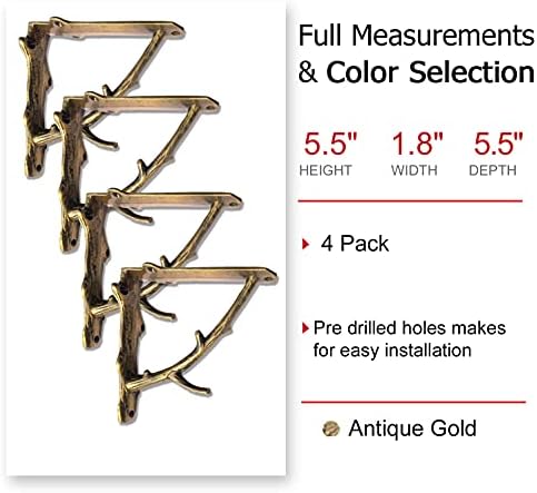 NACH Rustic Branch Gold Shelf Brackets 6 inch, Decorative Shelf Brackets for Wood Shelves, Shelving Brackets, Wall Shelf