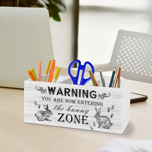 Bunny Easter Gifts for Women, Easter Bunny Decor, Bunny Gifts, Funny Rabbit Pen Pencil Holder Organizer for Desk Accessories, Wooden Box Sign Desk Decor for Home Office Decoration