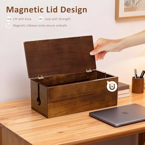Large Wooden Cable Management Box, Power Strip Cord Organizer Box