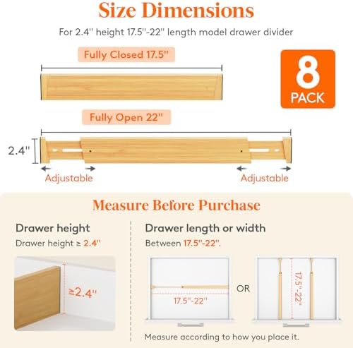 Lifewit 2.4" Kitchen Drawer Dividers, Adjustable Bamboo Drawer Organizers