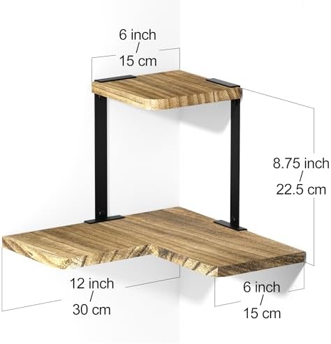 SRIWATANA 2-Tier Corner Wall Shelf, Rustic Wood Shelf, Carbonized Black