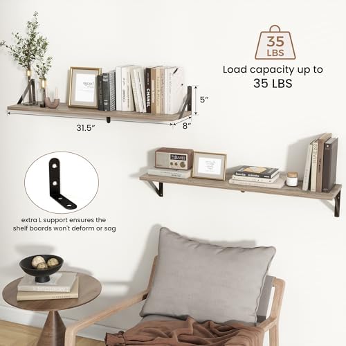 Axeman 32 Inch Floating Shelves, 8 Inch Deep Grey Wall Shelves Set of 2