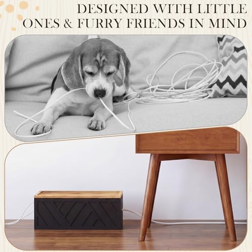 Chunful Large Wooden Cable Management Box, Geometric, Black