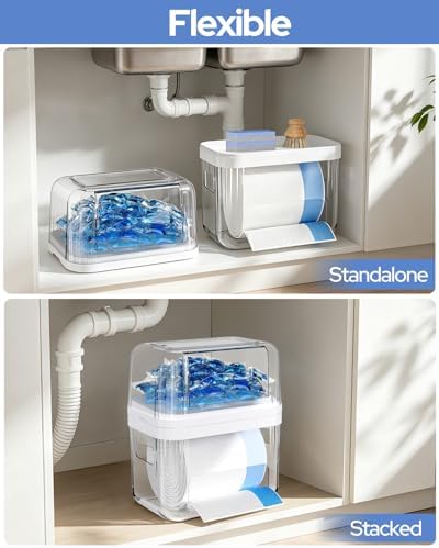 Trash Bag Dispenser & Dishwasher Pods Container, 3 in 1 Clear Acrylic Garbage Bags Holder Under Sink Organizer Laundry P