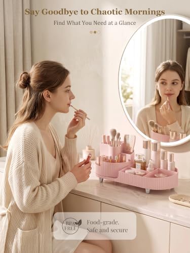 Booklov Rotating Makeup Organizer for Vanity Countertop, Pink