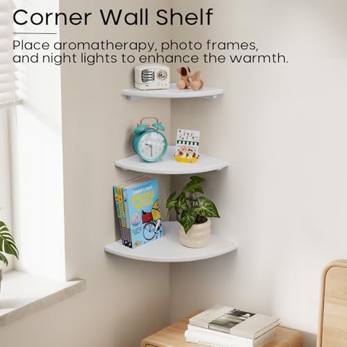 White Corner Shelf, Wall Mount 7inch Natural Oak Wood Floating Corner Wall Shelf Round End Small Corner Nightstand Plant