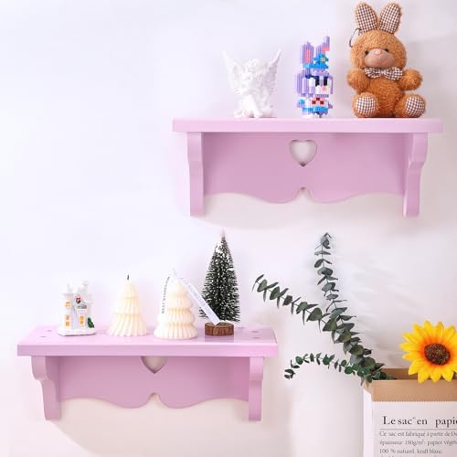 2 PCS Pink Heart Floating Shelves Kawaii Decorative Wooden Shelf Wall Mounted Storage Rack Book Stand for Princess Room 