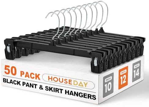 HOUSE DAY Black Pants Hangers with Clips 50 Pack, 12 Inch Skirt Hangers