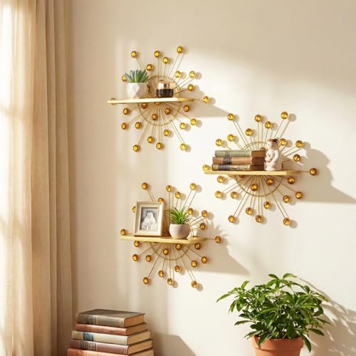 Yaocom 3 Pcs Crystal Floating Shelves, Bling Sparkle Metal Starburst Wall Decor Shelves, Gold Folding Wall Mounted Stora