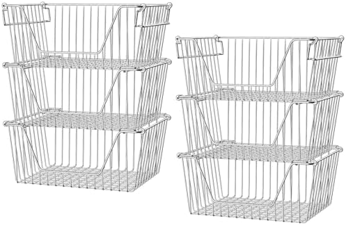 Slideep Stackable Storage Baskets Stainless Steel Cabinet Organizer Sturdy Metal Wire Pantry Freezer Bin for Pantry Home