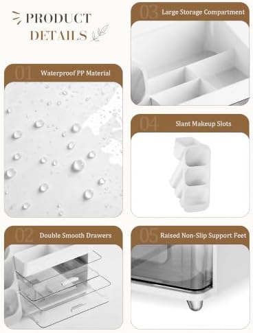 Makeup Organizer for Vanity - Large Skincare Organizers Countertop, Cosmetic Organizer with Brush Holder and 2 Drawer, M