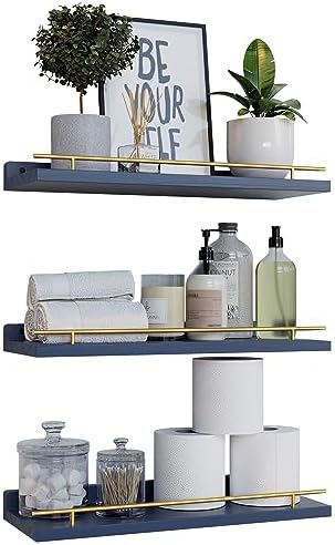 WOPITUES Floating Shelves for Wall Decor Set of 3, Gold in Navy Blue