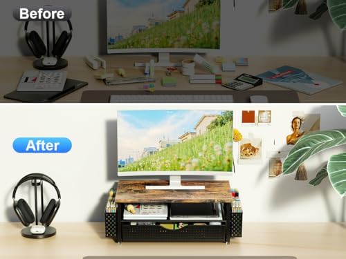 Spacrea Computer Monitor Stand with Drawer and 2 Pen Holders, Wood
