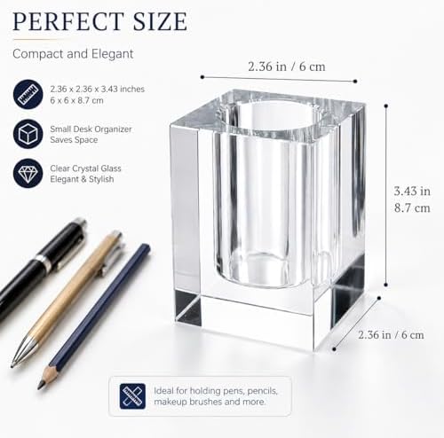 Coideal Glass Crystal Pen Pencil Cup Holder, Square Clear Small Desk Table Organizer Gift for Office School, Teacher and Student