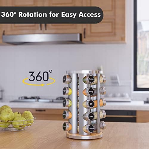 Revolving Spice Rack Set with 20 Spice Jars, Kitchen Spice Tower Organizer for Countertop or Cabinet -- Carousel Storage