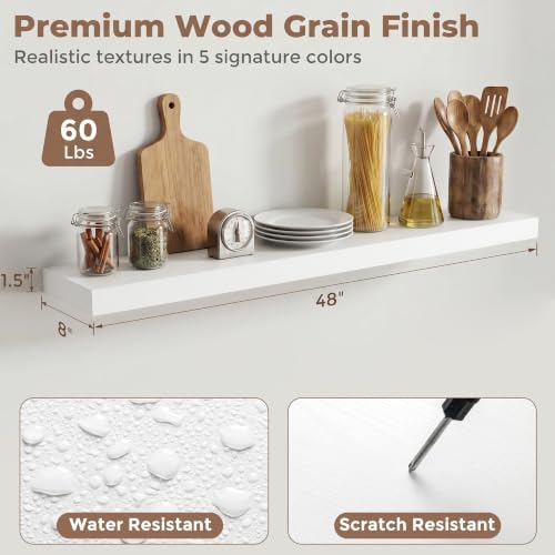 8 inch Deep Floating Shelves for Wall, 48" Wide, White Finish, 2-Pack