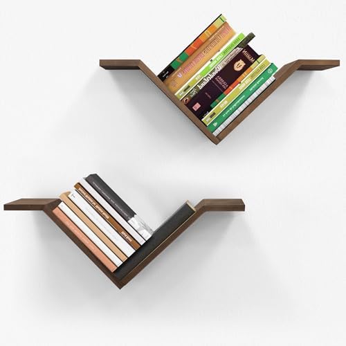 Walnut Book Shelves for Wall, Modern Hanging Bookshelf Set of 2