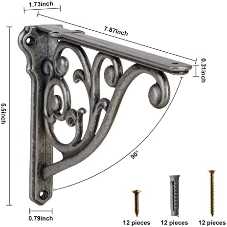 Shelf Brackets 8 Inch 4PCS Heavy Duty Antique Weathered Nickel Wall Bracket Baroque Kitchen Decorative Rack Shelves, Inc