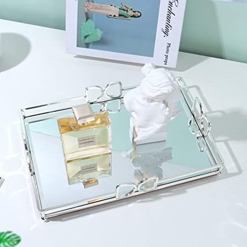 Decorative Tray, Bright Silver, Modern Premium Feeling Perfume Tray, Luxury Rust-Proof Glass Tray for Bathroom, Dresser,