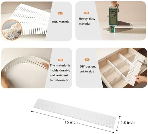 Adjustable Plastic Drawer Separators, 15 PCS Dividers + 25 Connectors, 14.96" Length x 4.33" Height, Cuttable Storage Or