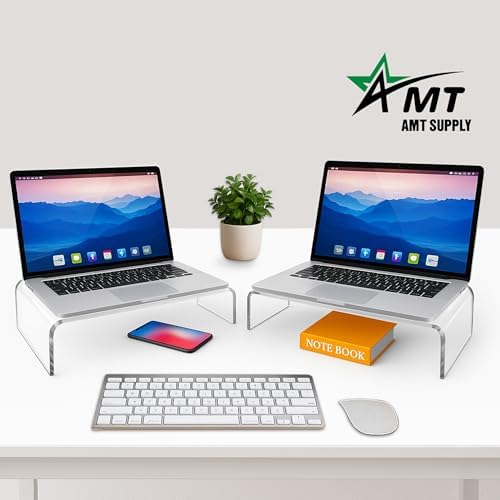 AMT 2 Pack Acrylic Laptop Monitor Stand & Computer Riser with Cat Keyboard Protector, Space-Saving Design, Extra Storage