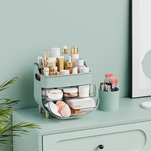 Yieach Green Make up Organizer for Countertop,Vanity,Large Capacity Bathroom Makeup Skincare Organizers With Brush Holde