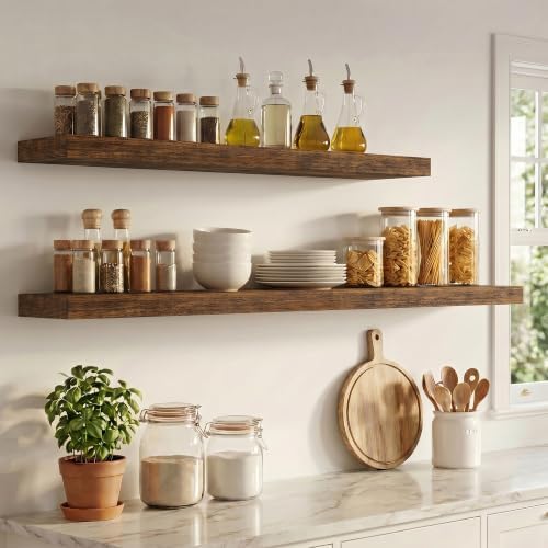 8 inch Deep Floating Shelves for Wall, 55" Wide, Rustic Brown, 2-Pack