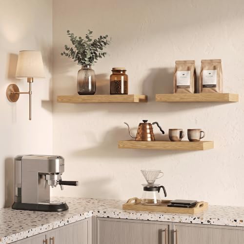 16 Inch Floating Shelves for Bathroom Oak, 8" Deep Wall Shelf, Set of 3