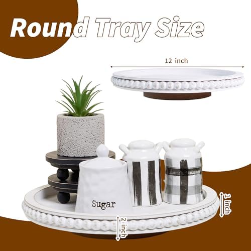 HPC Decor 12Inch Beaded Lazy Susan- Wooden Lazy Susan Organizer for Farmhouse Table Decor, Round Turntable for Table Cab