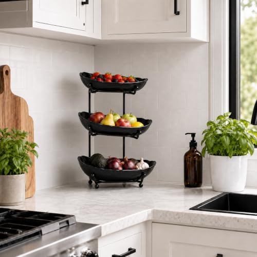HBlife 3 Tier Fruit Bowl, Ceramic Fruit Basket for Kitchen Counter