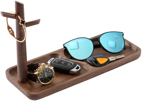 Walnut Wood Key Tray for Entryway Table, Jewelry Tray, Catchall Tray with 3 Stand Hanging Organizer, for Rings, Phone, B