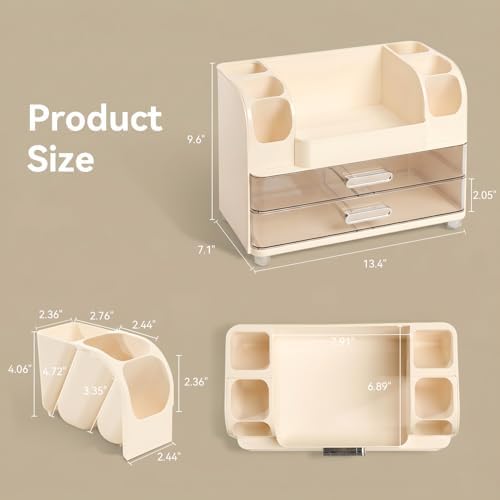Makeup Organizer for Vanity with 2 Large Drawers and 6 Brush Holders, Cream