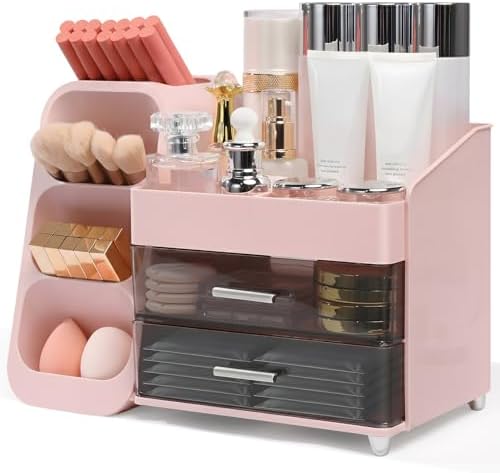 Makeup Organizer for Vanity with Brush Holder and 2 Drawers, Pink