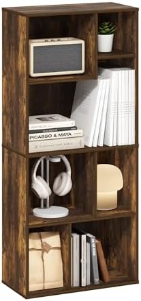 Furinno DALY Book Shelf, 7-Cube Bookshelf, Cube Storage Organizer Bookcase with Irregular Compartments, 9.4 x 18.9 x 42.