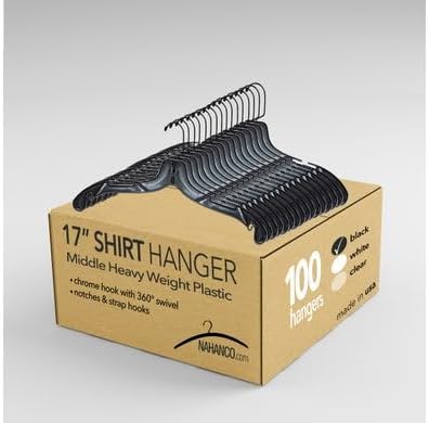 NAHANCO 17” Black Mid-Heavyweight Plastic Hanger, Black Hook, 100 Pack
