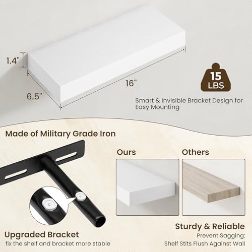 Axeman 16Inch Floating Shelves for Wall, 2 Packs, Invisible Brackets, White