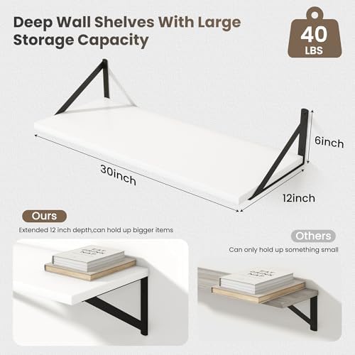 Marsmiles Deep Floating Shelves, 30'' x 12'' White Wood Shelves Set of 2