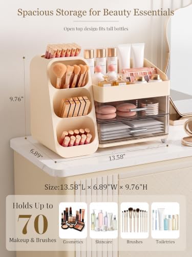 Booklov Large Makeup Organizer for Vanity Countertop, Cream