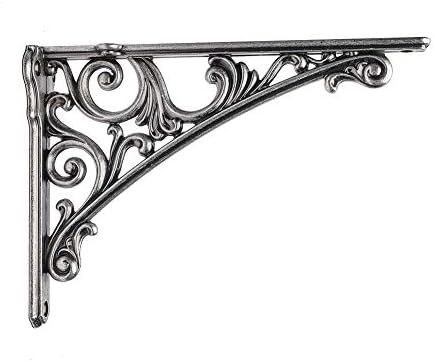 HARPOON 8 Inch Shelf Brackets 2 Pack Heavy Duty Wall Bracket Baroque Kitchen Decorative Rack Shelves Silver