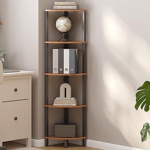 VIMBER Corner Shelf, 5-Tier Corner Bookshelf, Industrial Corner Ladder Shelf, Rustic Display Shelf for Living Room, Bedr